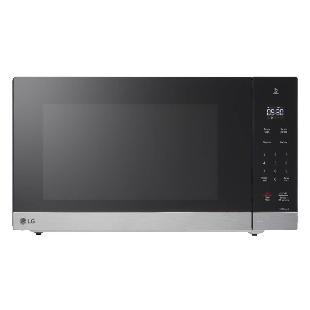 LG NeoChef countertop microwave front view with stainless steel finish and easy-clean interior.