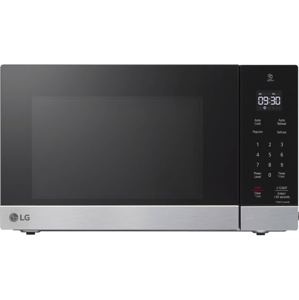 LG NeoChef microwave front view in stainless steel, space-saving kitchen upgrade.