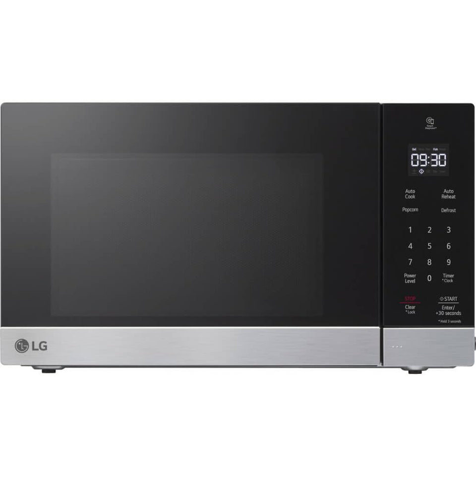 LG NeoChef microwave front view in stainless steel, space-saving kitchen upgrade.