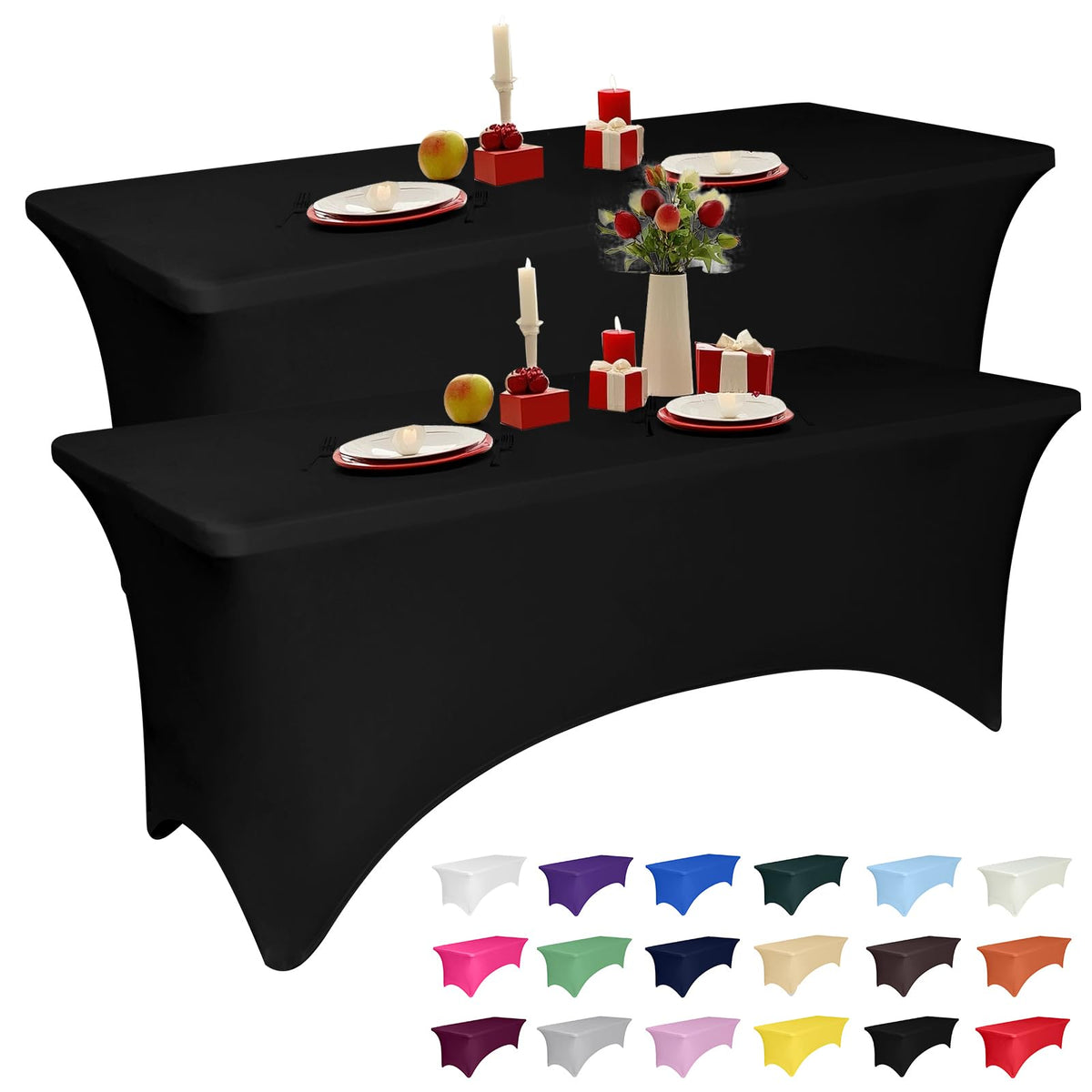 LGJIAOJIAO 2-pack 4ft black spandex tablecloth on full display, smooth finish