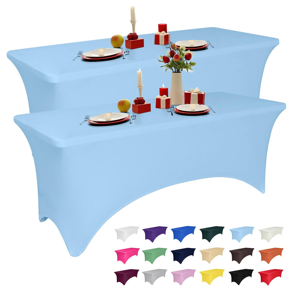 LGJIAOJIAO 2-pack 6ft light blue spandex tablecloth on-table setup boosts elegance.