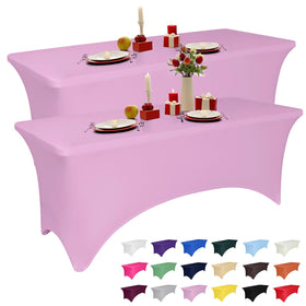 LGJIAOJIAO 6ft pink spandex tablecloth draped on a wedding table for a polished look.