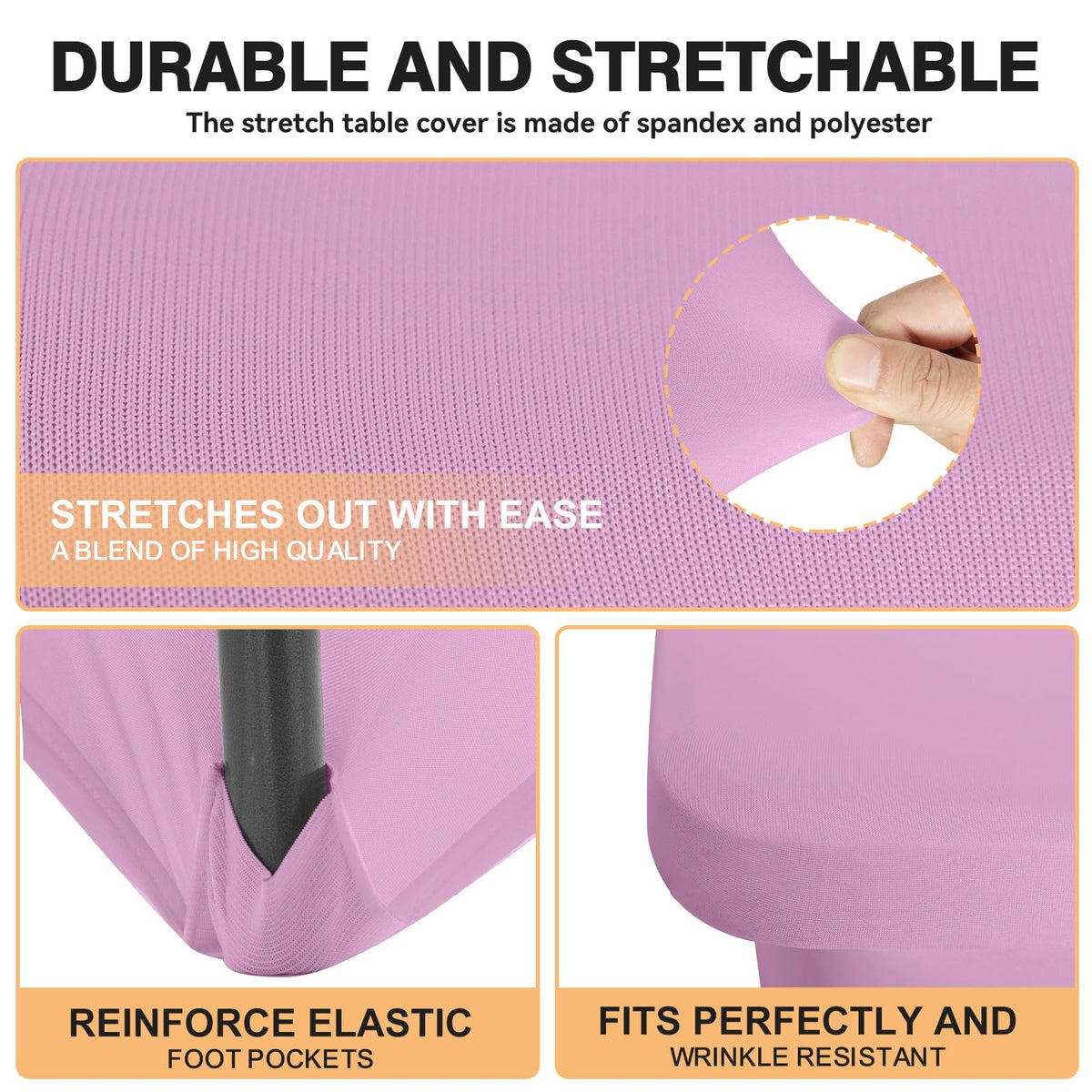 LGJIAOJIAO 6ft pink spandex tablecloth close-up shows reinforced leg pockets for secure fit.
