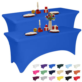 LGJIAOJIAO 6ft royal blue spandex tablecloth on a table for a polished event.