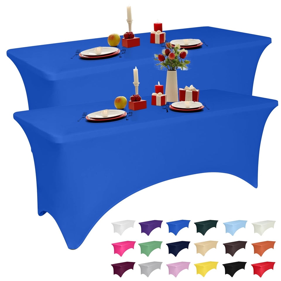 LGJIAOJIAO 6ft royal blue spandex tablecloth on a table for a polished event.