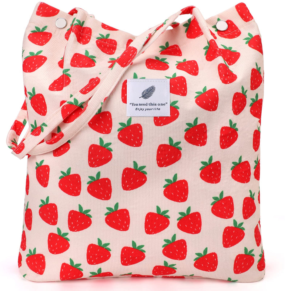 LHMTQVK corduroy tote bag with strawberry print for durable daily use