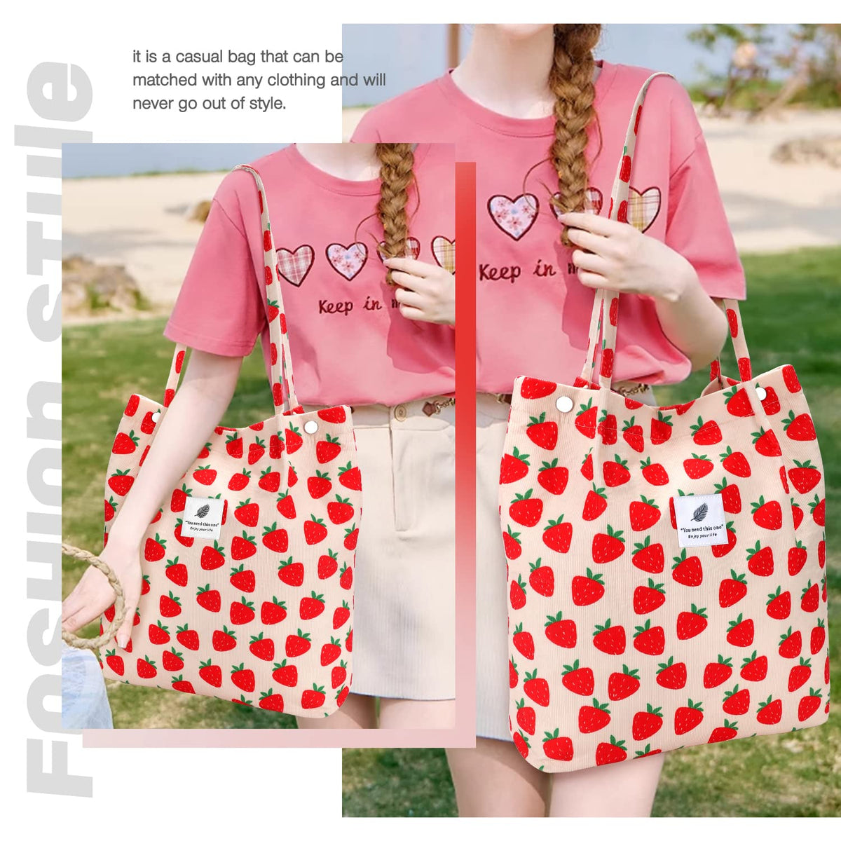 LHMTQVK large-capacity tote with strawberry design for laptop and essentials