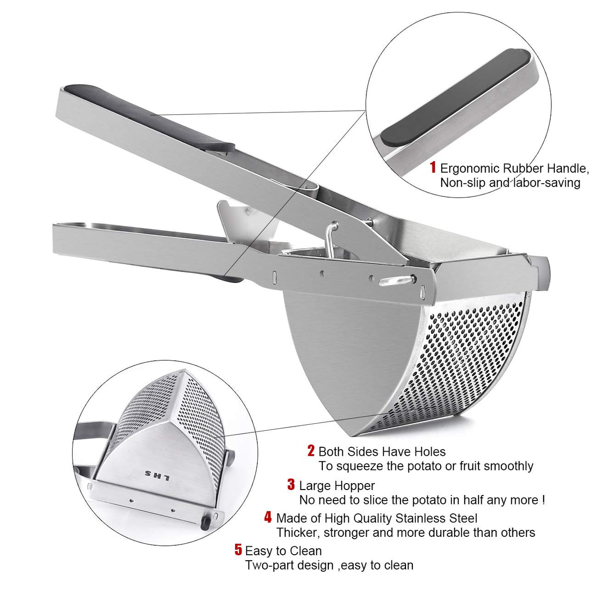 LHS extra-large capacity ricer handling large potatoes without pre-cutting.