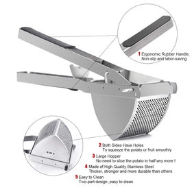 LHS extra-large capacity ricer handling large potatoes without pre-cutting.