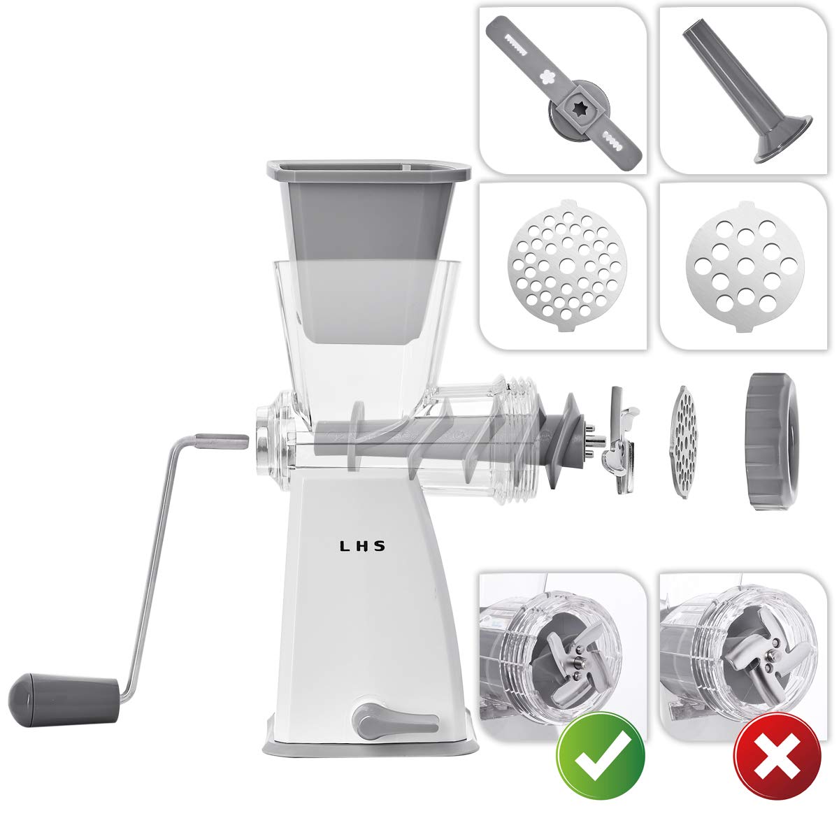 LHS manual meat grinder hand crank for easy, quiet, non-electric operation.
