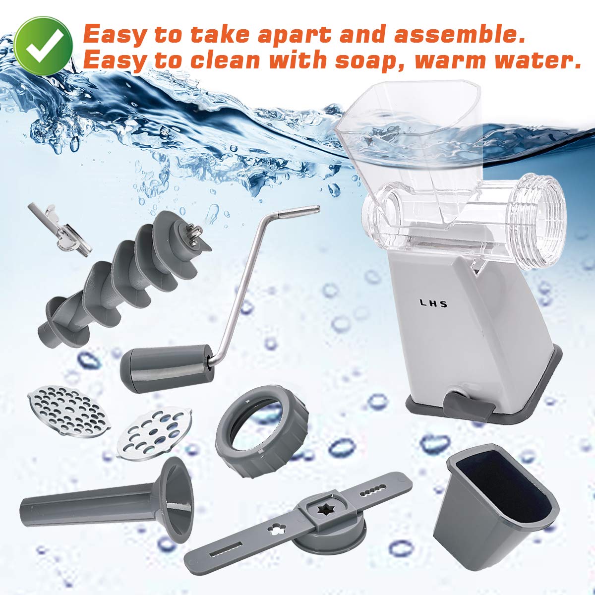LHS manual meat grinder safety cover and ergonomic handle for safe use.