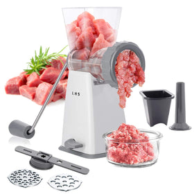 LHS manual meat grinder with stainless blades for quick, efficient home grinding.