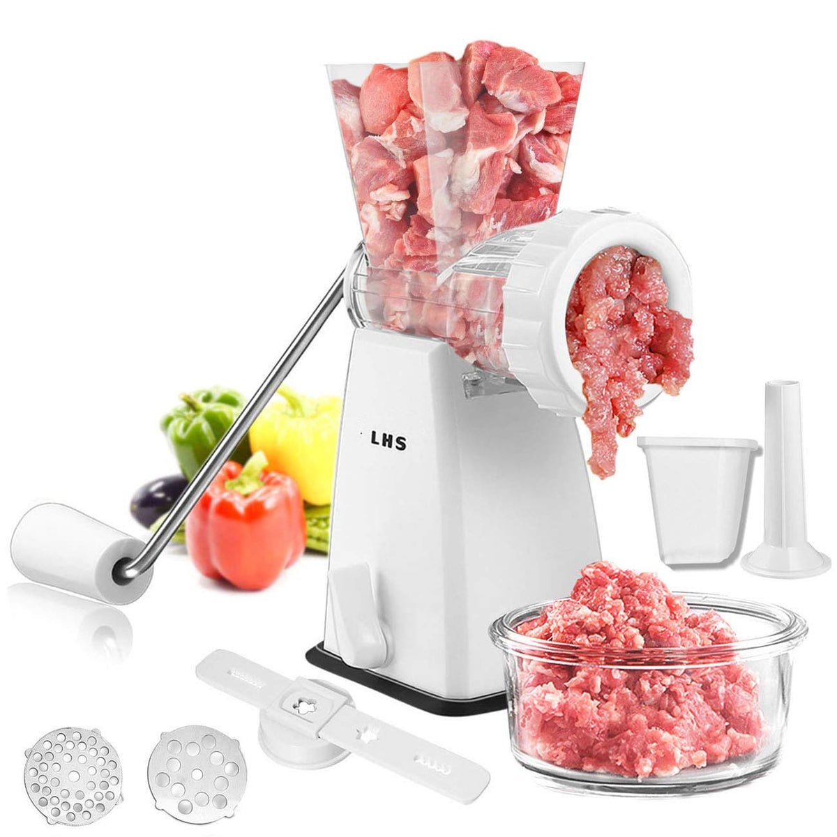 LHS manual meat grinder with stainless steel blades for precise grinding.