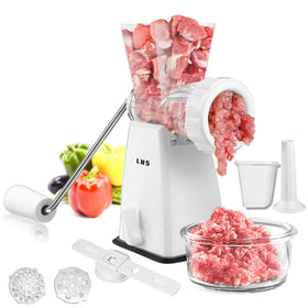 LHS manual meat grinder with stainless steel blades for precise grinding.