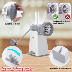 LHS manual meat grinder with suction base keeps grinding steady on your counter.