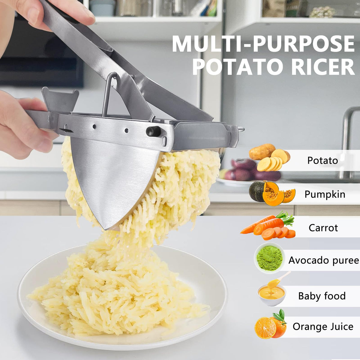 LHS multi-functional press for ricing, mashing, and juicing.