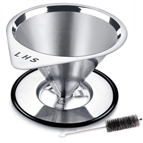 LHS pour-over dripper with stainless steel filter for clean, paperless brewing.