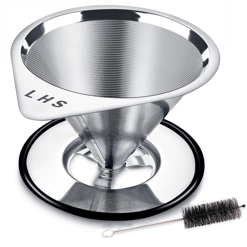 LHS pour-over dripper with stainless steel filter for clean, paperless brewing.