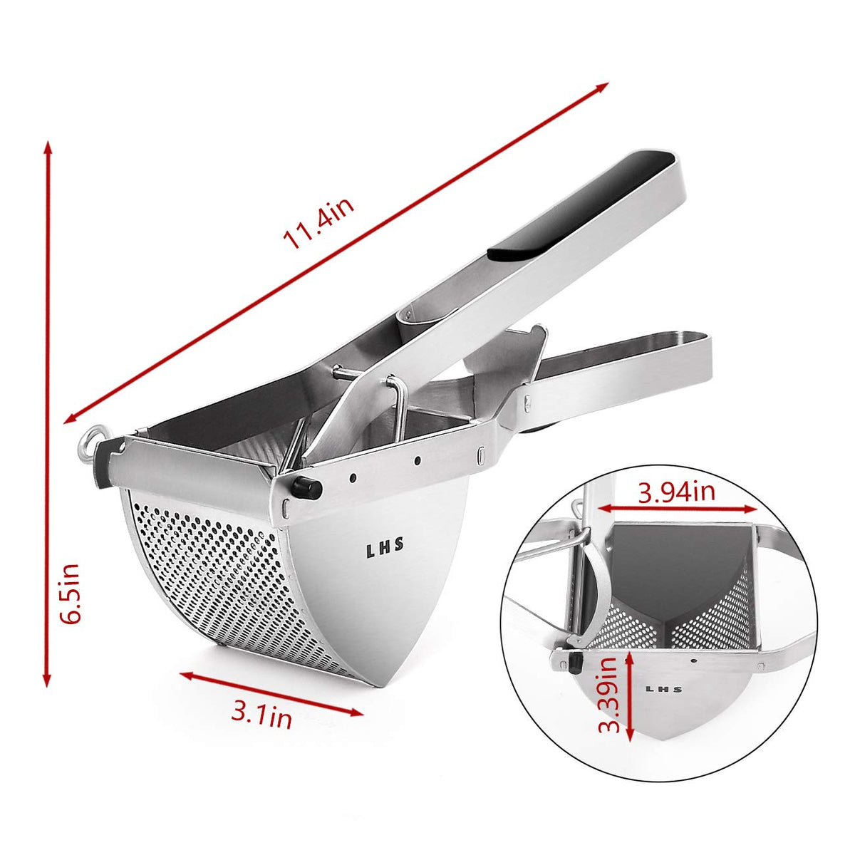 LHS rust-resistant stainless steel ricer maintaining shine and performance.