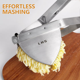 LHS stainless steel potato ricer with ergonomic handle for comfortable use.