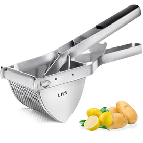 LHS stainless steel potato ricer showing a durable, smooth mash-ready design.