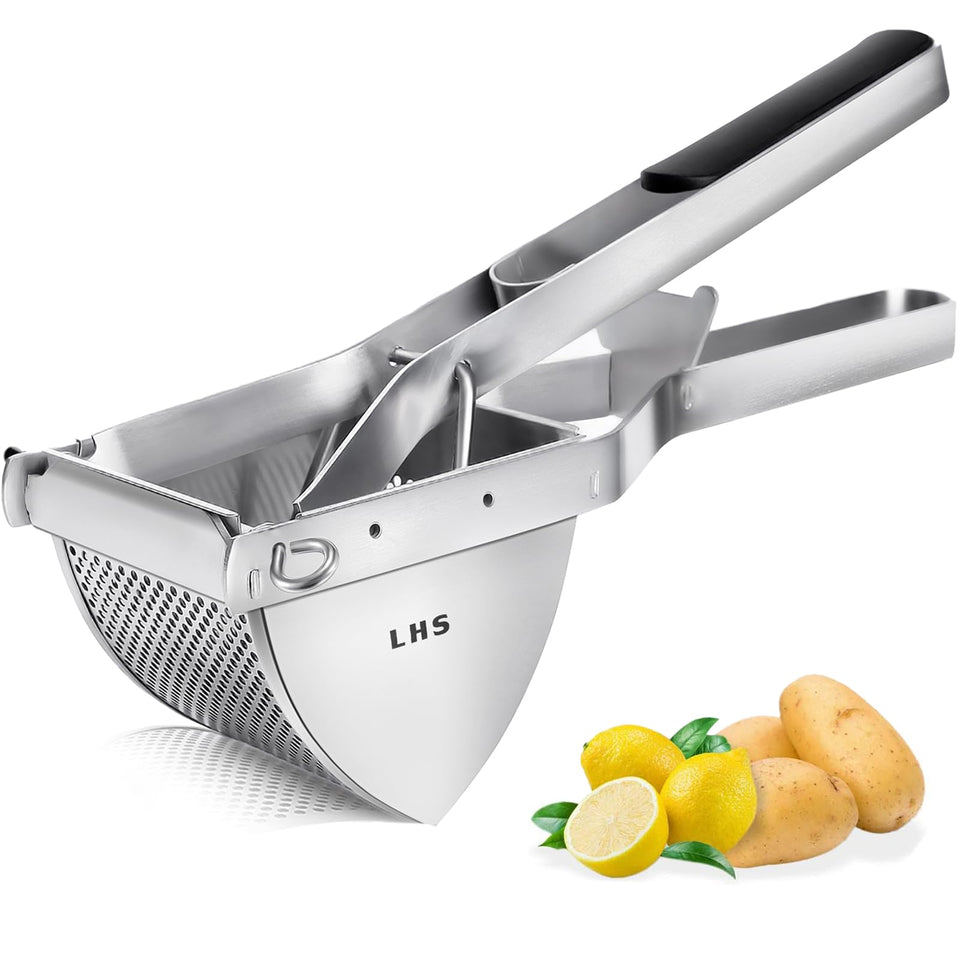 LHS stainless steel potato ricer showing a durable, smooth mash-ready design.