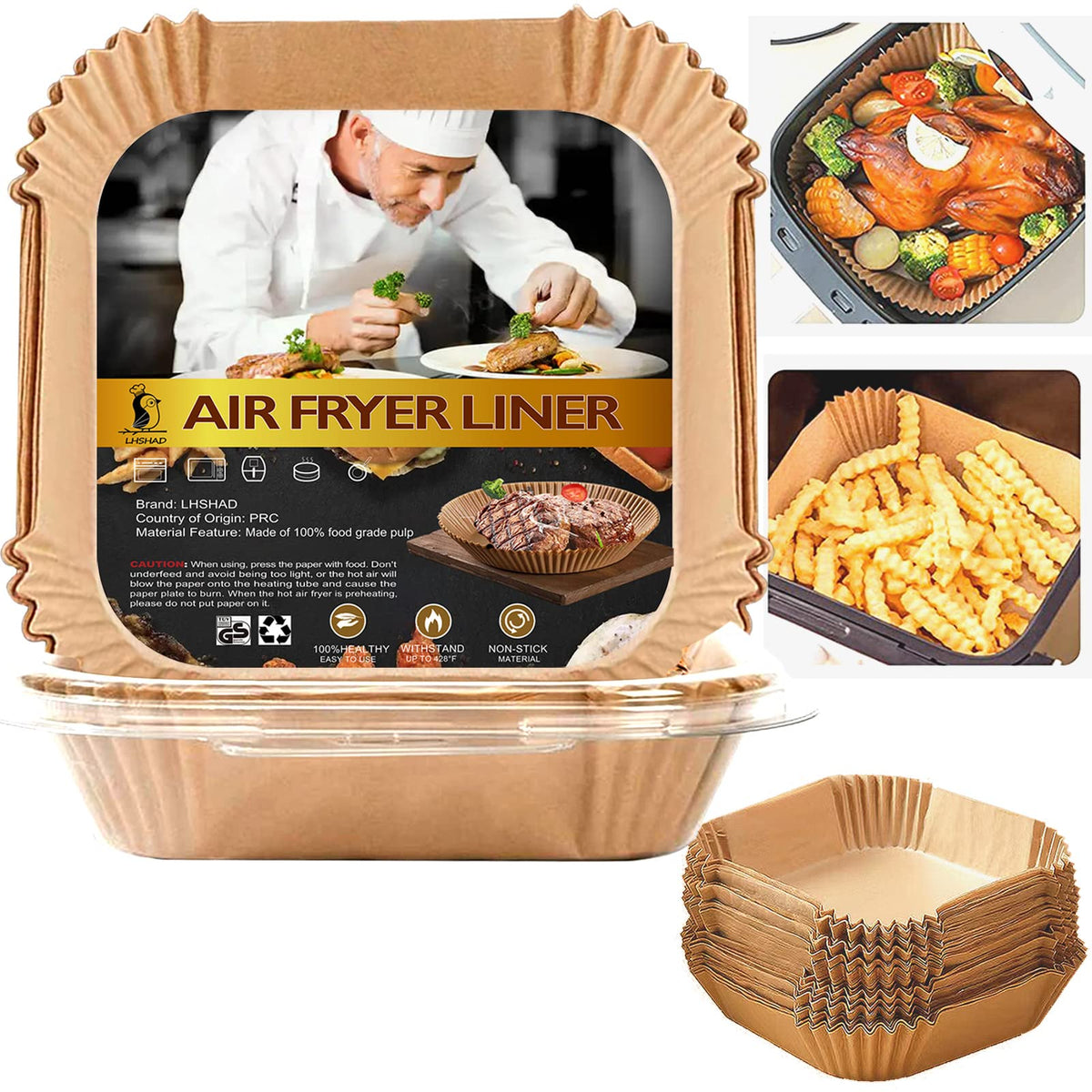 LHSHAD air fryer liner 10-inch square reduces sticking and eases cleanup.
