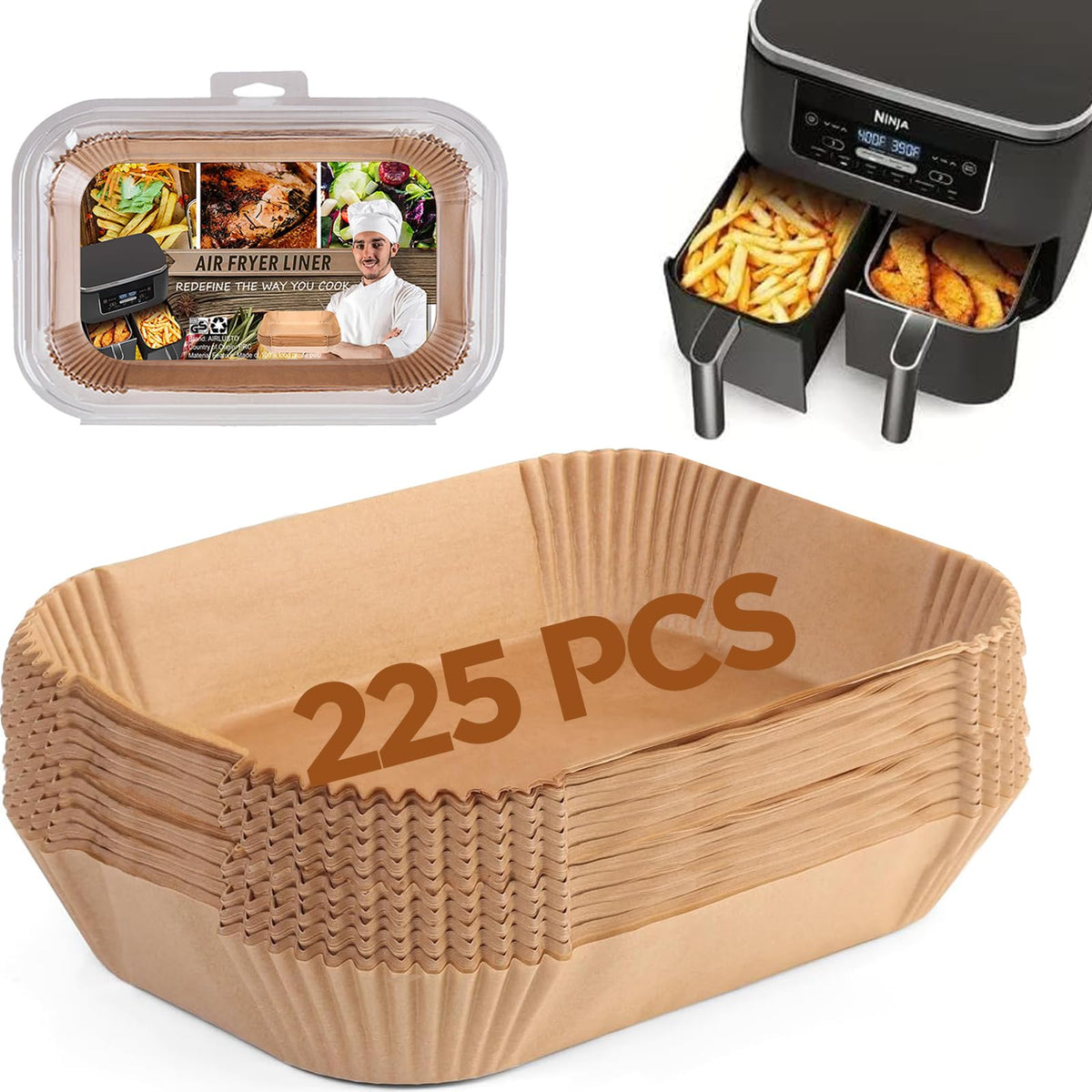 LHSHAD Ninja Foodi liners in a rectangular basket for mess-free cooking