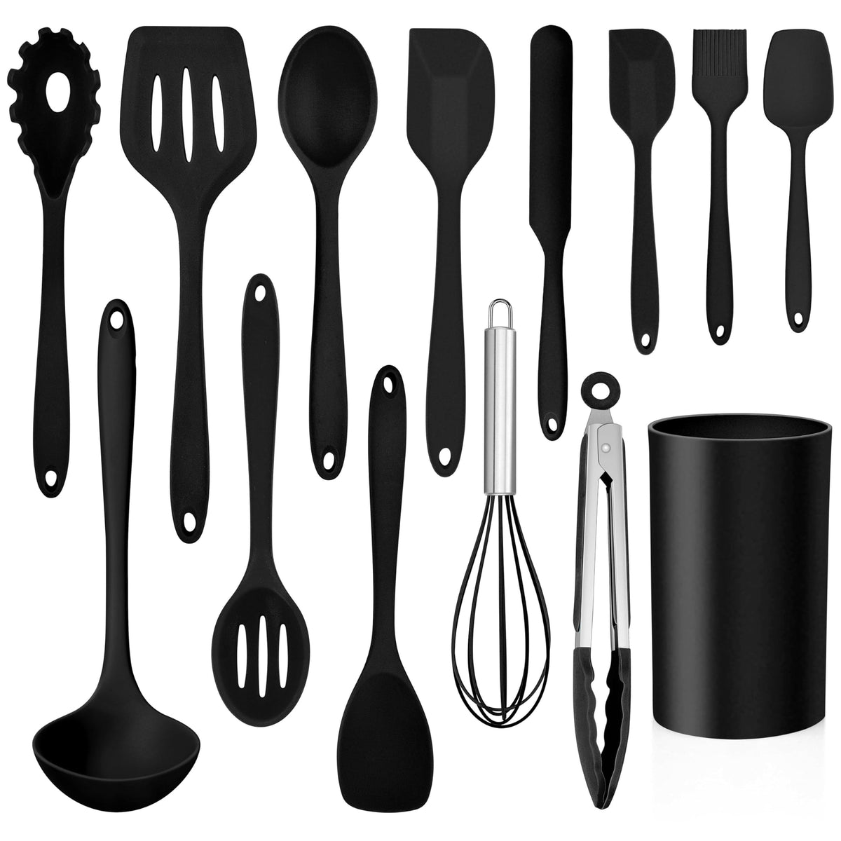 LIANYU 14-piece silicone utensils set with holder for organized kitchen use.