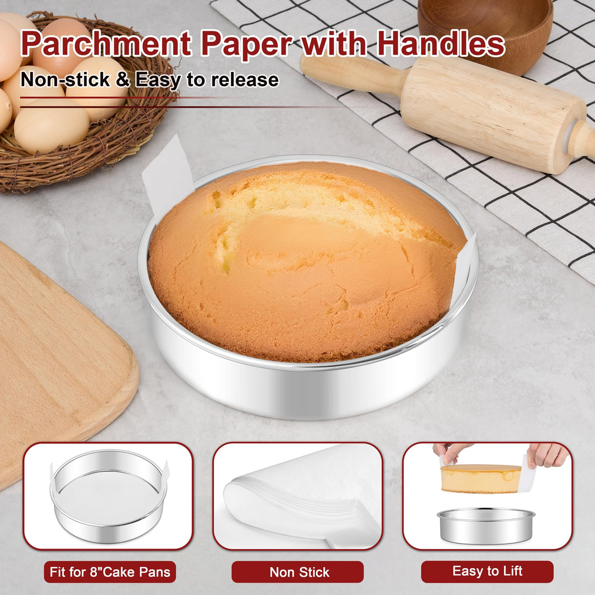 LIANYU 90pcs parchment paper with handles for easy cake release