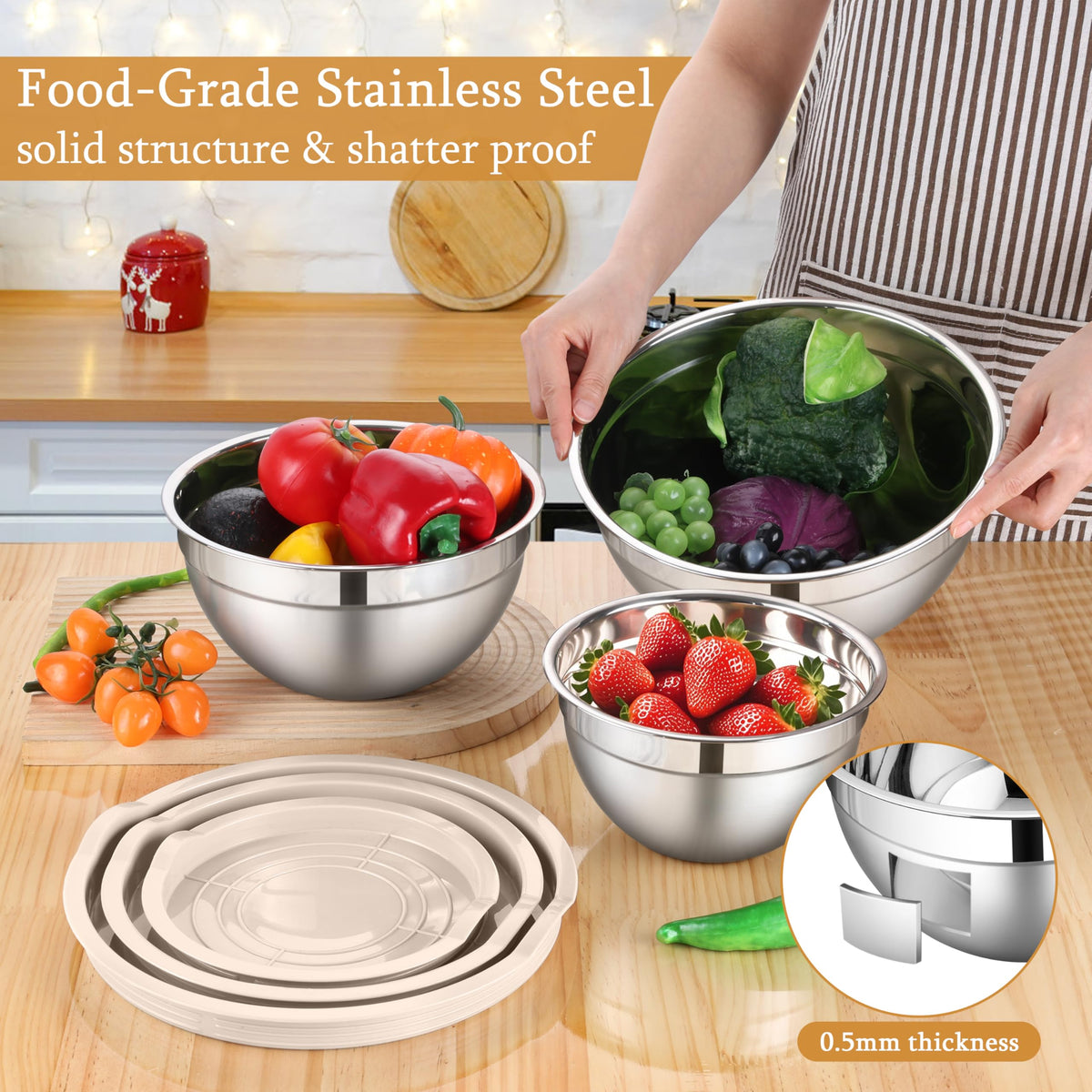 LIANYU 4.6QT mixing bowls with lids ideal for dough and large salads.