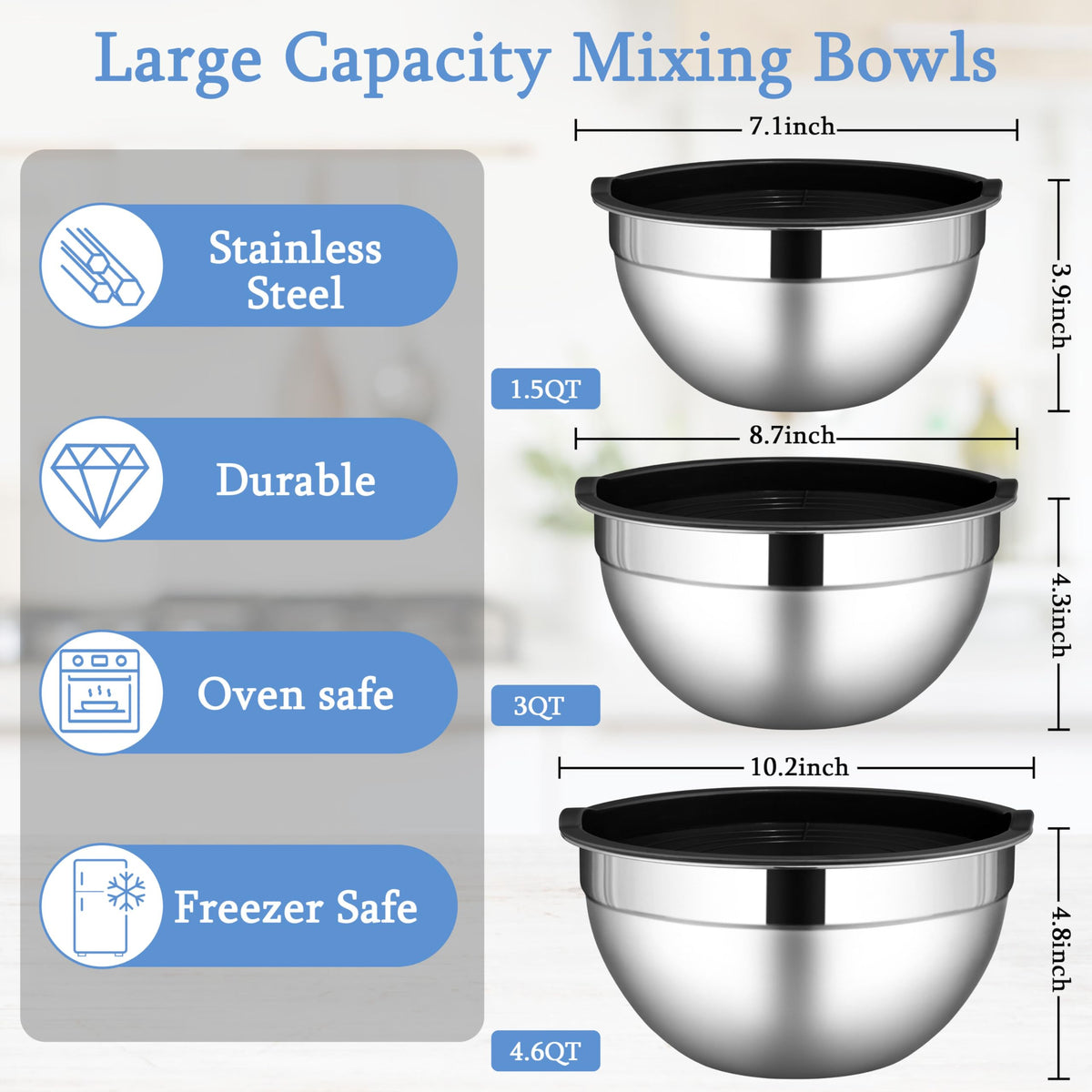 LIANYU mixing bowls with silicone lids provide airtight storage for leftovers.