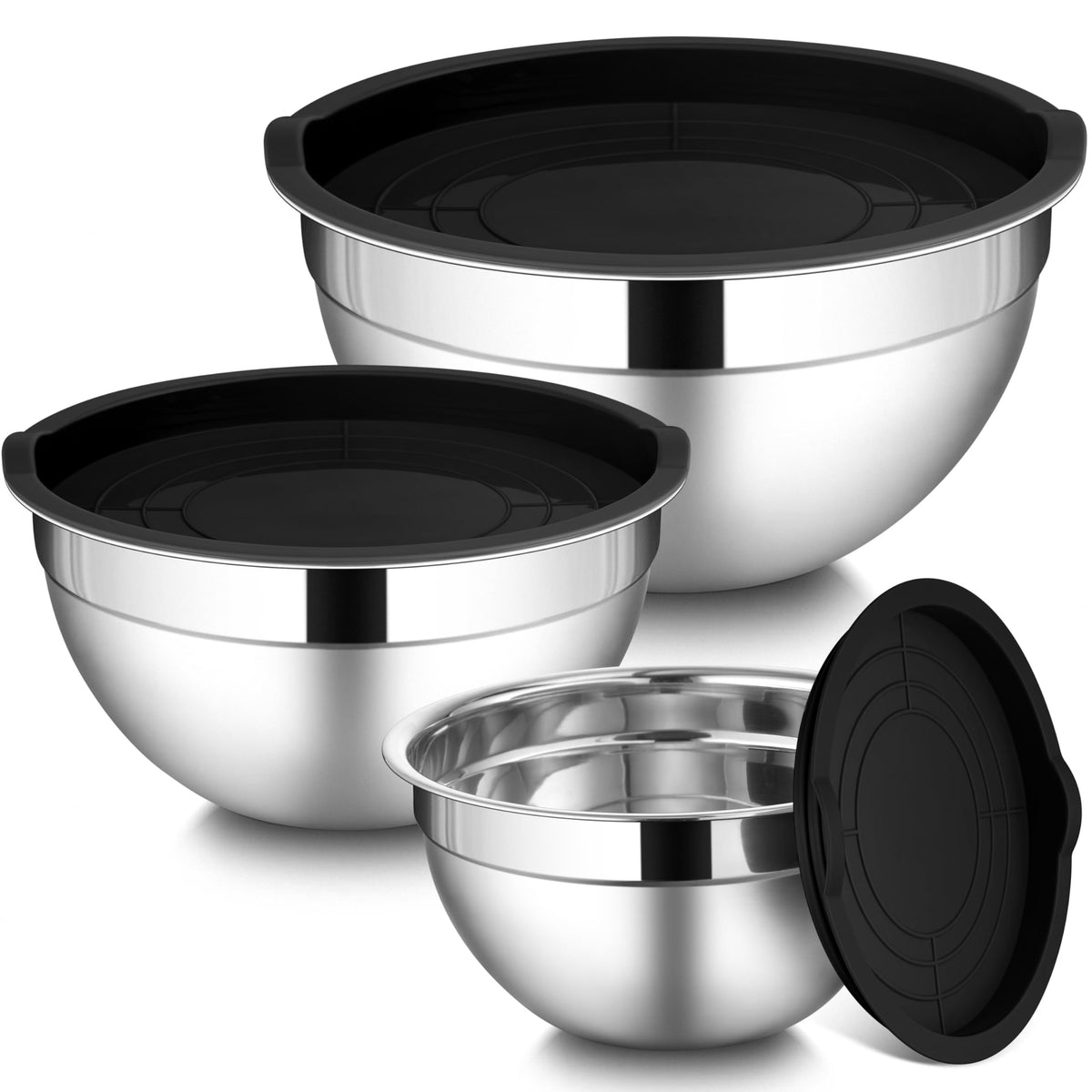 LIANYU three-piece stainless steel mixing bowls with lids nest for compact storage.