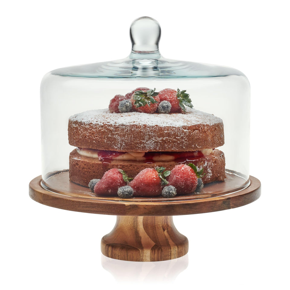 Libbey acacia wood cake stand with glass dome for elegant dessert presentation