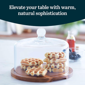Libbey acaciawood dome lid closeup emphasizes secure, stylish cake display.