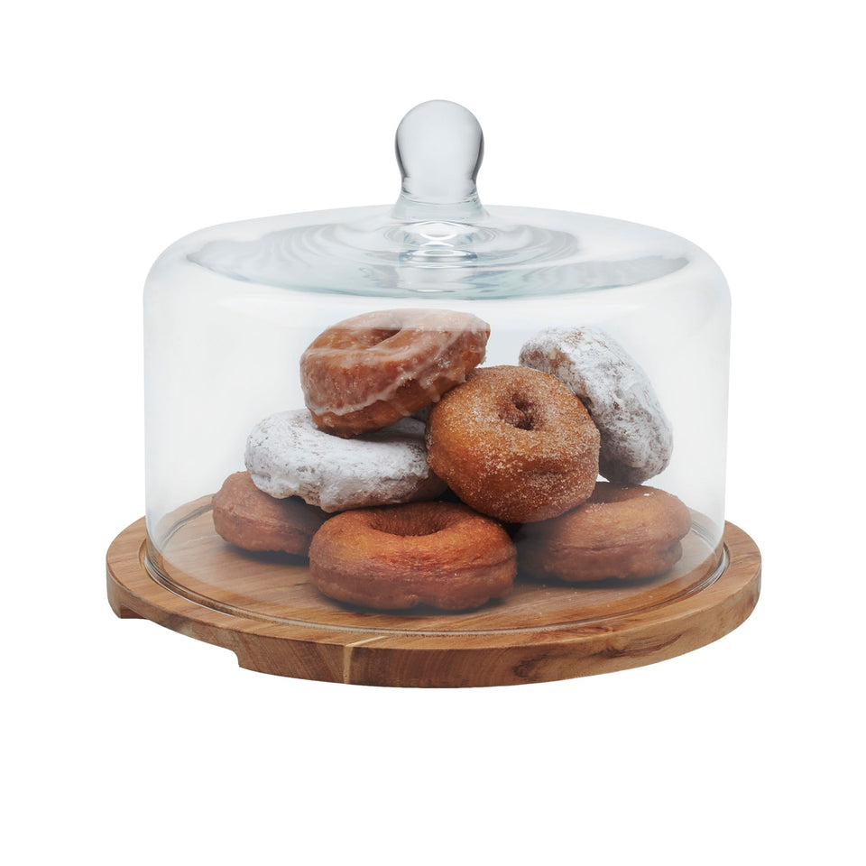 Libbey acaciawood flat round server with dome highlights desserts elegantly.