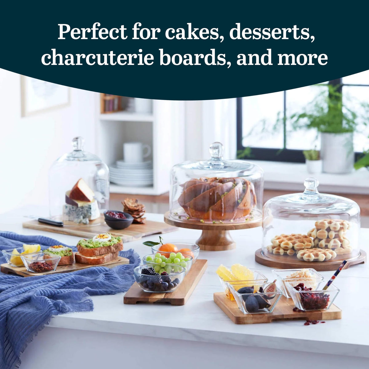 Libbey acaciawood glass dome closure facilitates easy passing and sharing.