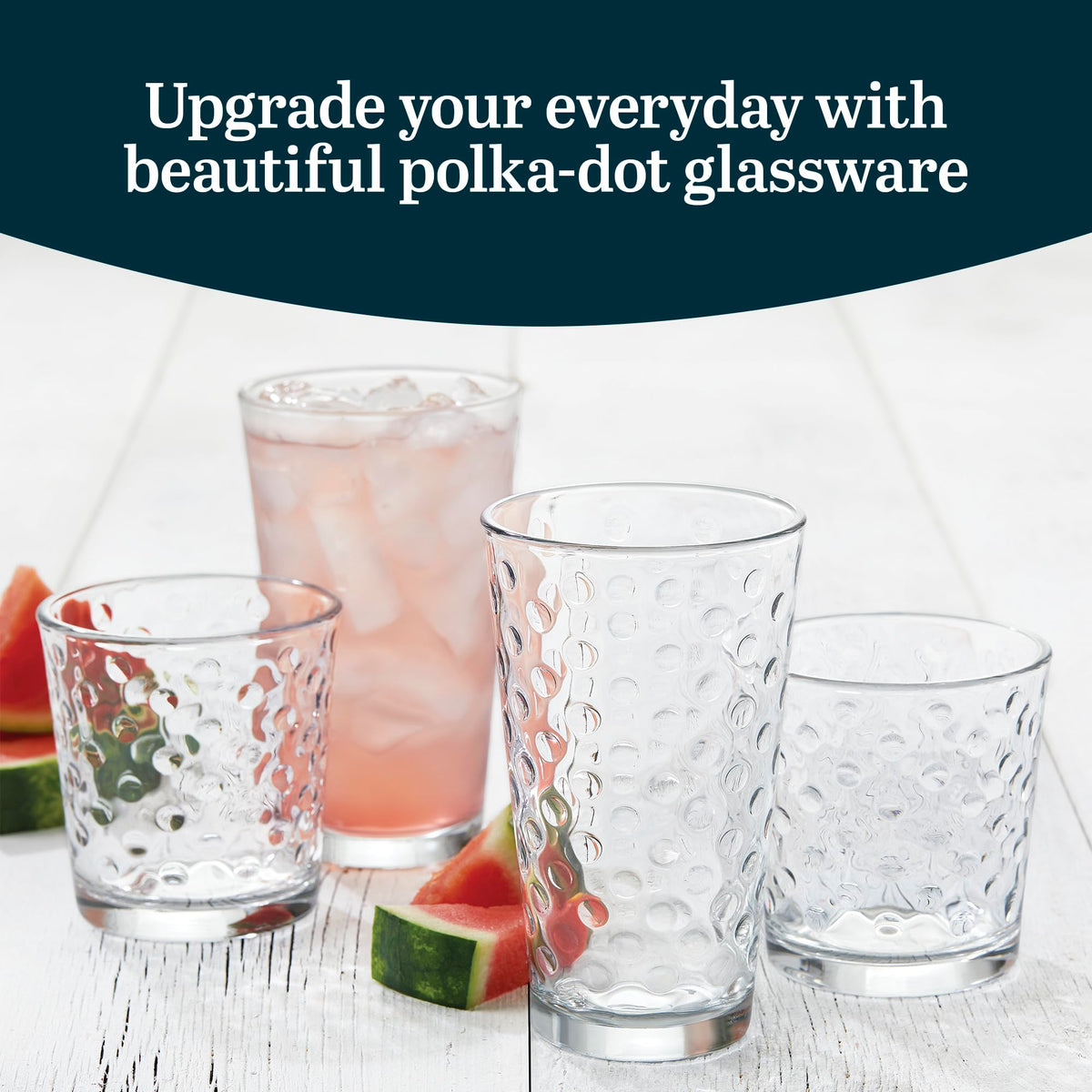 Libbey Awa rock glass with polka dots, ideal for whiskey or cocktails.