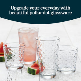 Libbey Awa rock glass with polka dots, ideal for whiskey or cocktails.