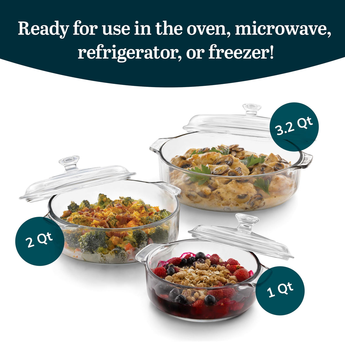 Libbey Bakers Basics 2-quart glass casserole with lid for versatile batch cooking.