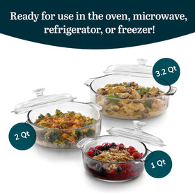 Libbey Bakers Basics 2-quart glass casserole with lid for versatile batch cooking.