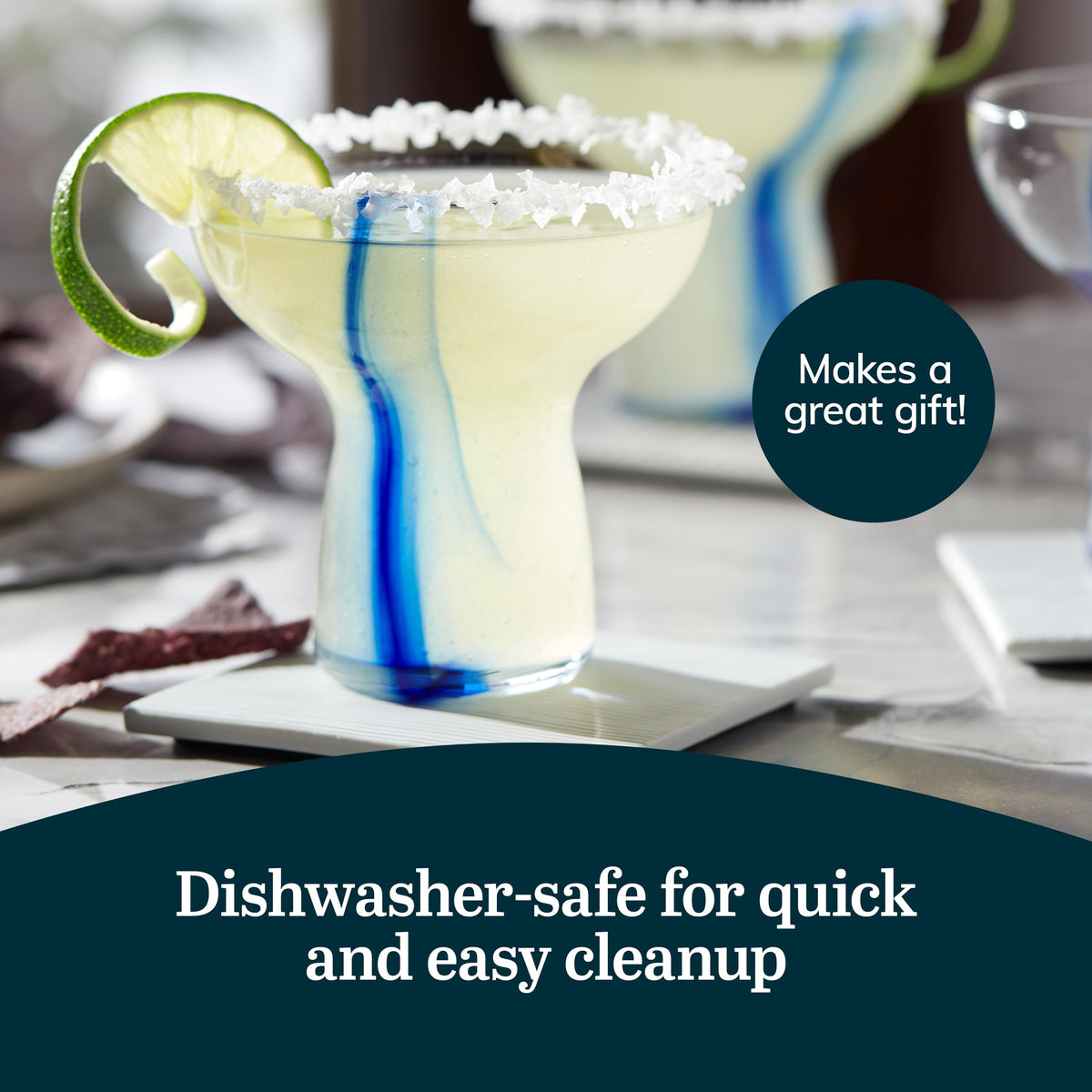 Libbey Blue Ribbon dishwasher-safe margarita glasses for quick cleanup.