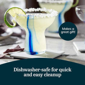 Libbey Blue Ribbon dishwasher-safe margarita glasses for quick cleanup.