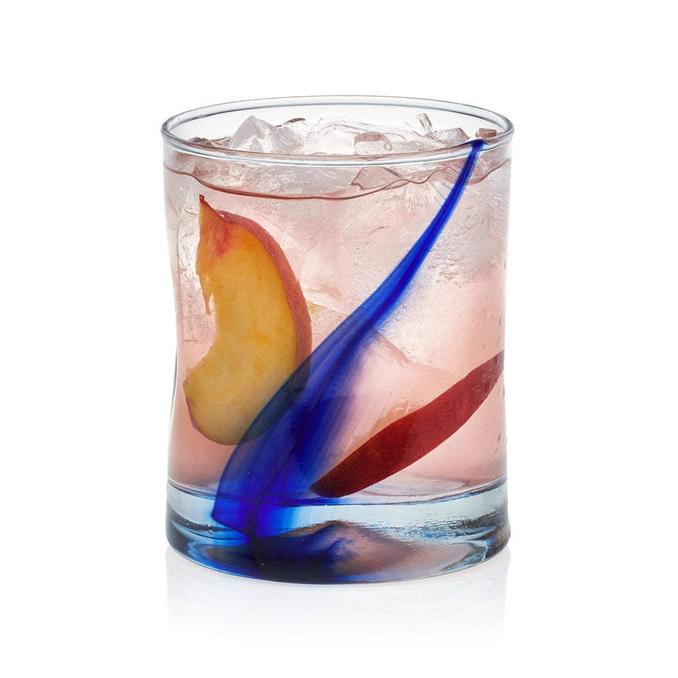 Libbey Blue Ribbon Rock Glass with four-dimple grip and blue stripe for easy handling