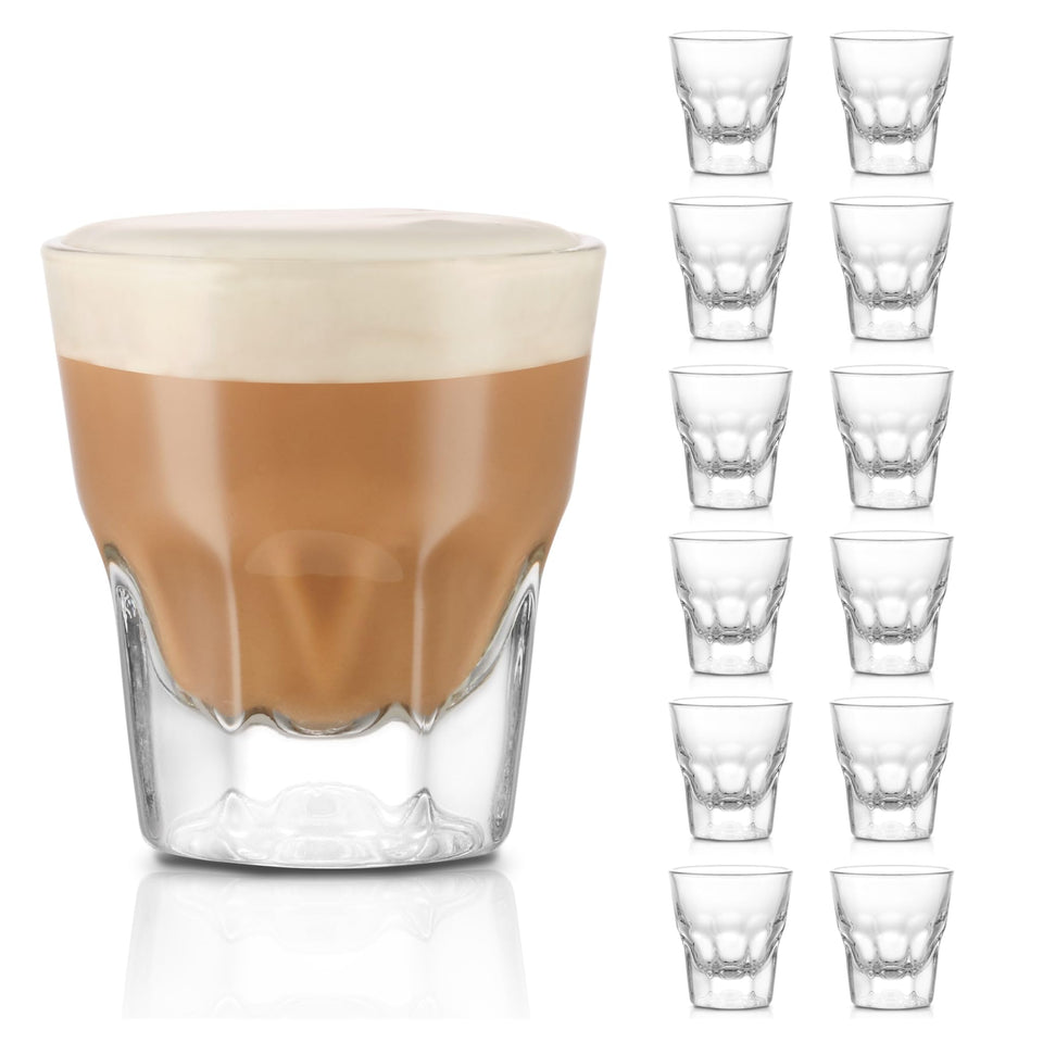 Libbey Gibraltar DuraTuff cortado glasses with heavy base for stable espresso service.