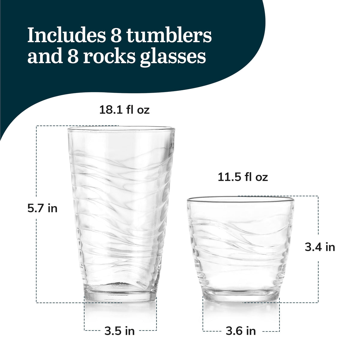 Libbey Orbita 16-piece glass set with wave pattern enhances table aesthetics and everyday drinking.