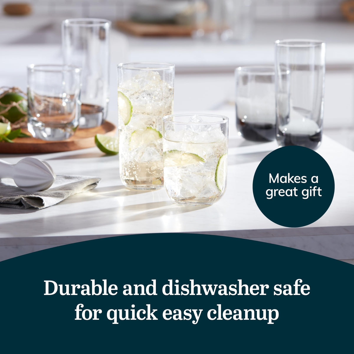Libbey Polaris glassware dishwasher-safe label for easy cleanup.