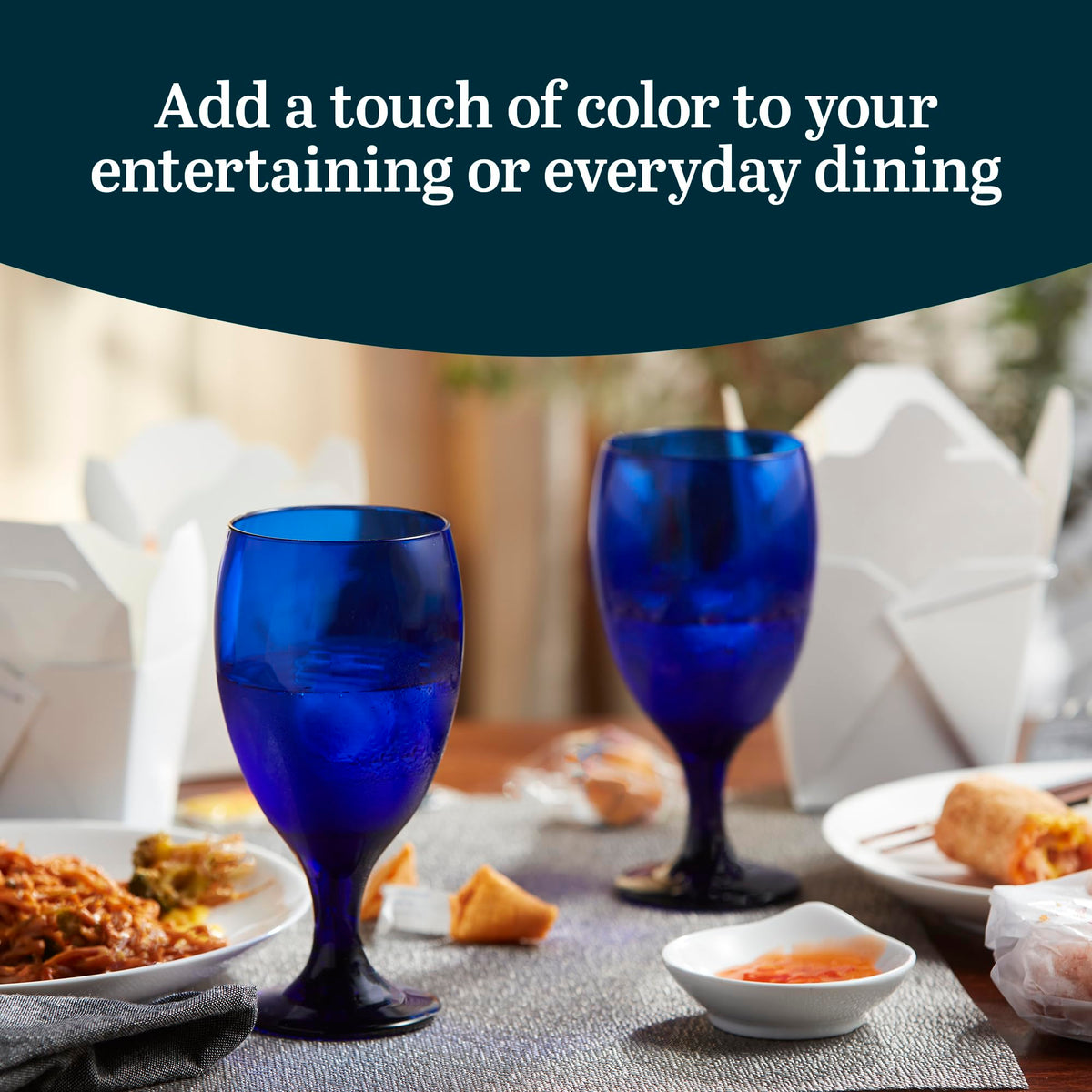 Libbey Premiere cobalt blue stemmed glasses add vibrant table appeal.