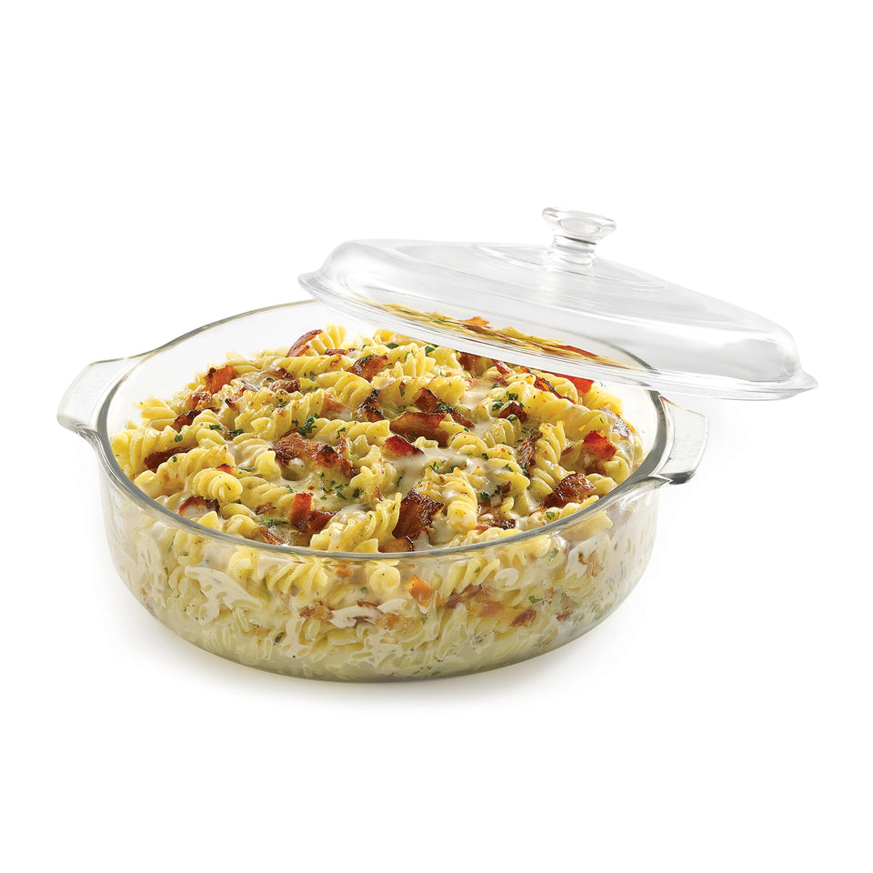 Libbey round casserole dish with lid, convenient for meal prep and stackable storage