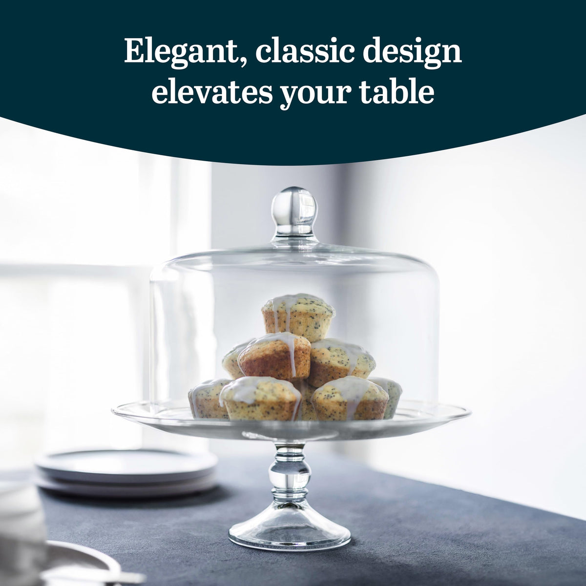 Libbey Selene cake stand with dome lid, side view highlights elegant curved profile